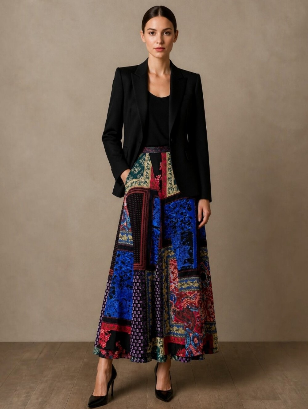 Multiples Silk Midi Skirt 14 Whimsical Bohemian Floral Paisley Block Ikat Prints